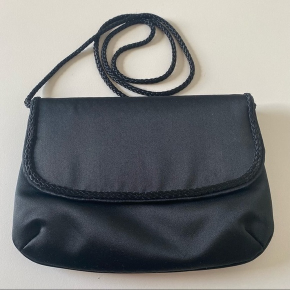 Vintage Black satin fold over slim cocktail wedding evening mini braided bag